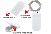 LED string light set with on/off switch, batteries, and wire on a white background